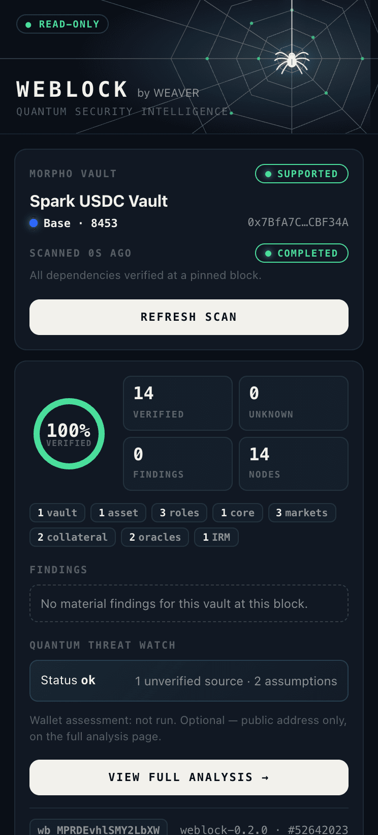 WEBLOCK popup after a completed scan of the Spark USDC vault on Base
